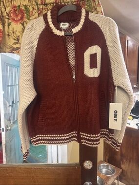 Obey Women's Maroon and Cream Zip Front Varsity Knit Sweater